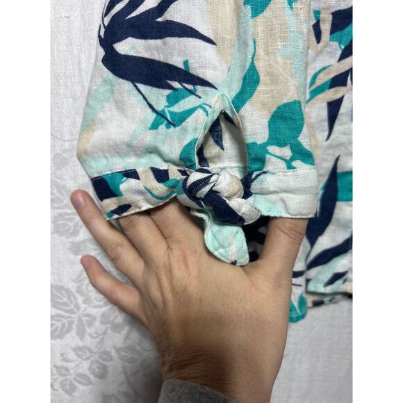 JM Collection 100% Linen Shirt 16 White Blue Floral Tropical Button Up Boxy Tie - Picture 2 of 9